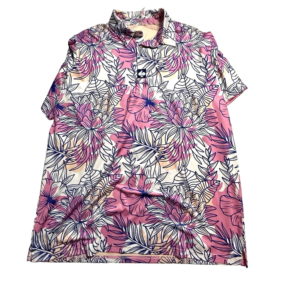 Pins & Aces Men's 2XL Floral Hawaiian Pink Short Sleeve Polo Shirt (A1)